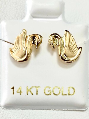 Massiv 14k Gelbgold Ohrstecker Schwanenform Niedliche Ohrschwäne Set Hängelbolzen