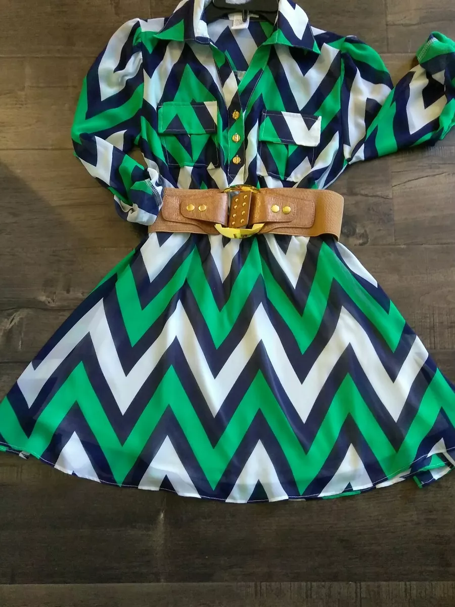 agaci Navy blue green white belted xs dress nwot