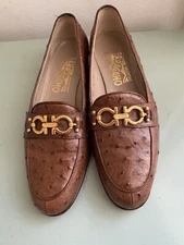 Sz 5 - SALVATORE FERRAGAMO Horsebit Loafer Ostrich Brown Gold Hawrdware