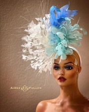 Kentucky Derby Fascinator Hat Cream Off White Turquoise Aqua Blue Feathers Ascot