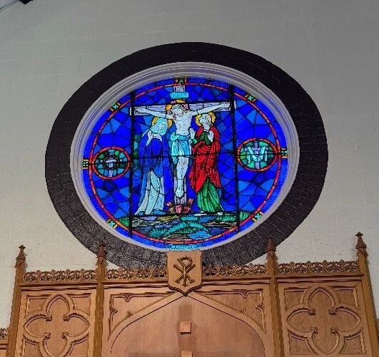 Lg Antique Stained Glass Church Window from Catholic Church Crucifixion 68”Dia - Image 2 of 4