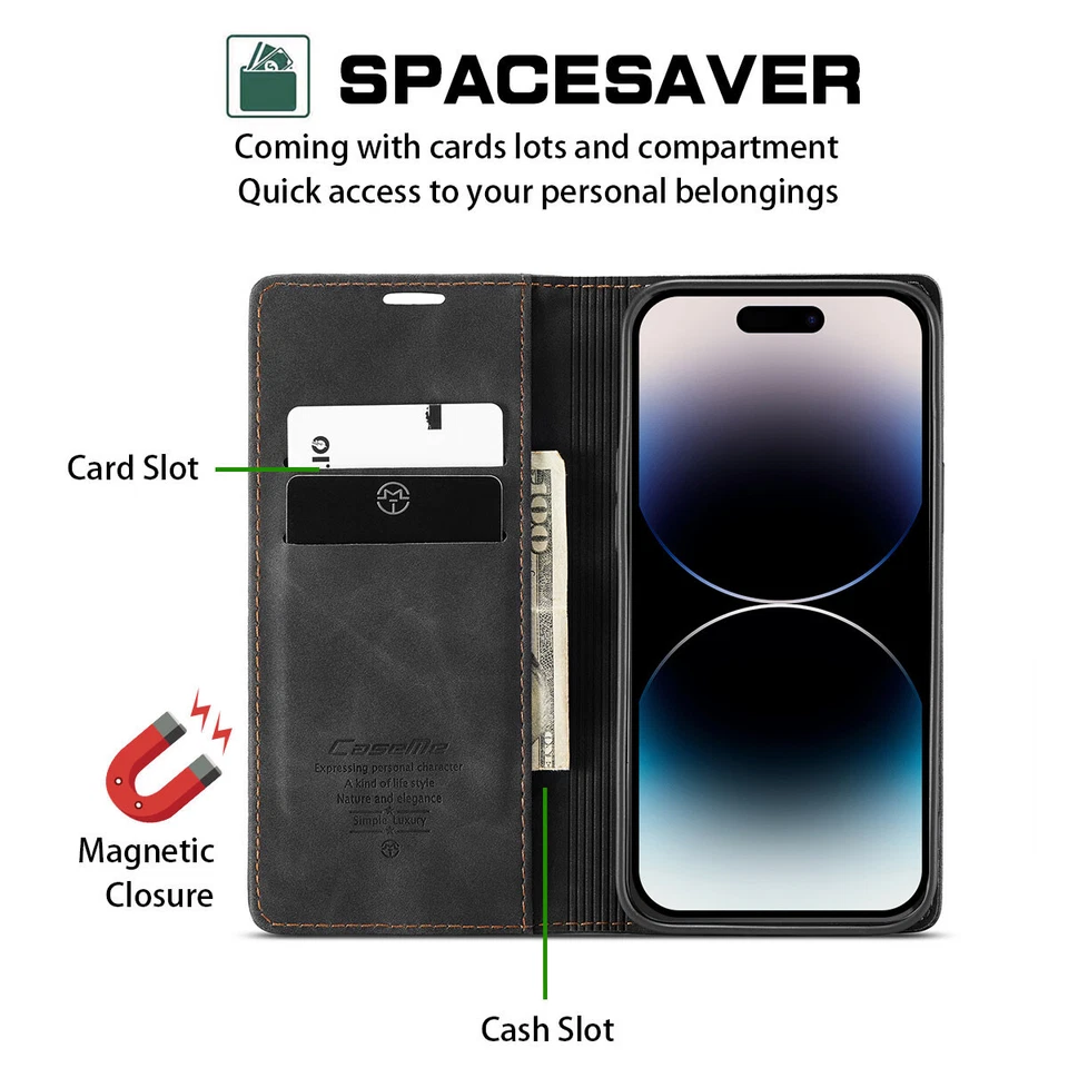 Funda tipo billetera de cuero abatible para iPhone 15 14 13 11 Pro Max SE 2022/2020 X 8 7 Foto 3 de 4