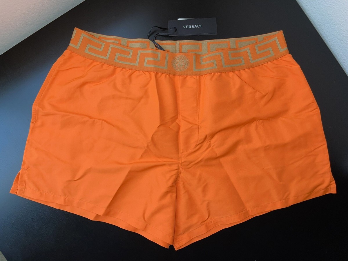 NWT Versace Mens Greca Border Swim Trunks Shorts Orange Size X