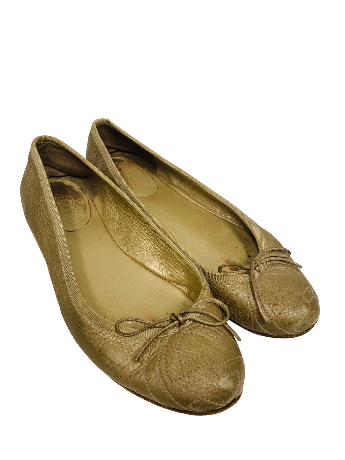 Gucci cuir or logo GG nœud brodé accent ballet plat 36,5