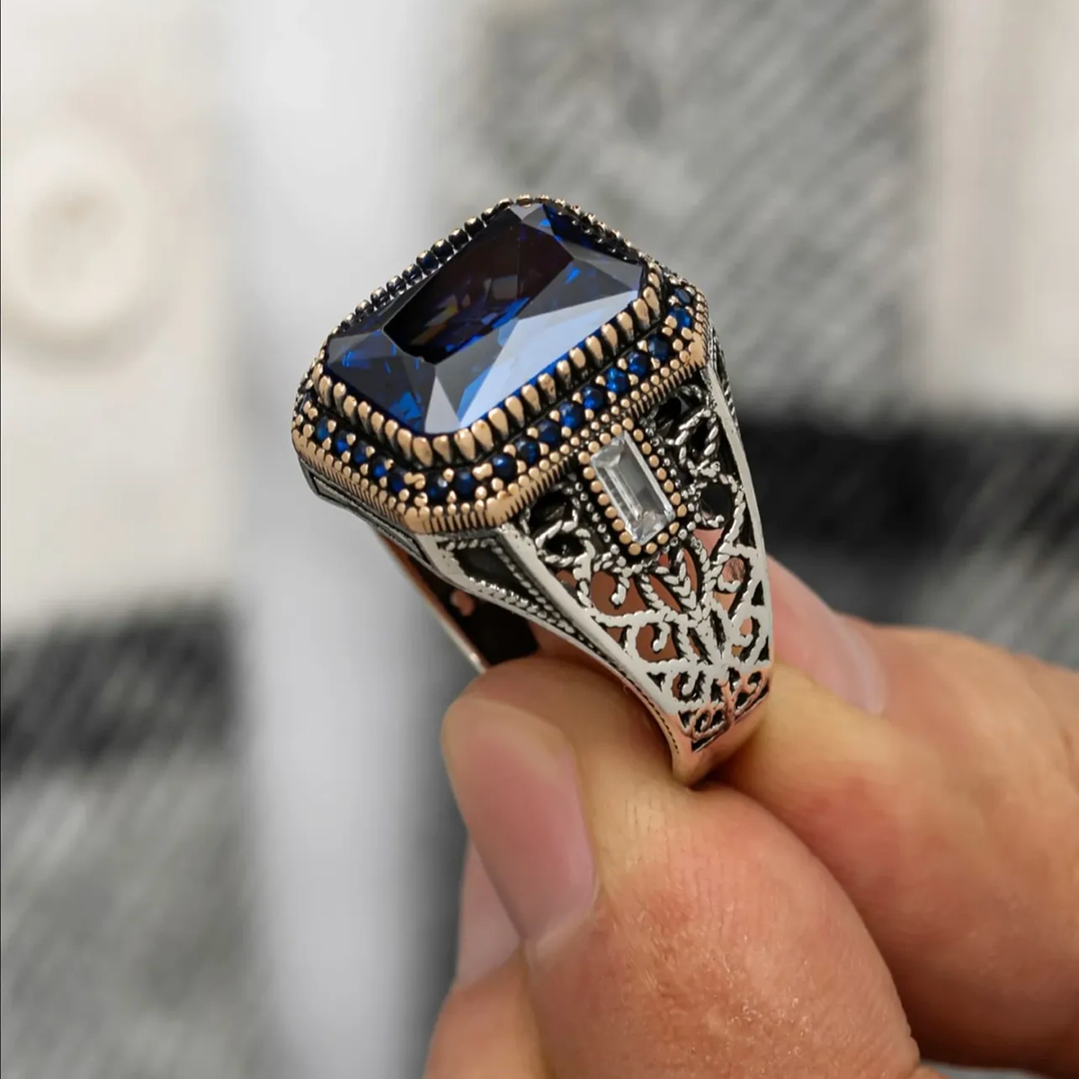 925 Ring Men's Sterling Silver Simulated Sapphire Turkish Jewelry Size 7-15  US