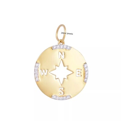 925 Sterling Silver Compass Natural Pave Diamond Designer Compass Charm Pendant