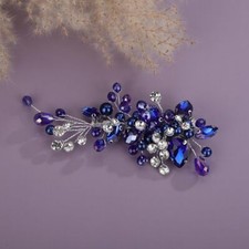Blue Crystal Pearl Wedding Hair Barrette Dainty Rhinestone Bridal Clips