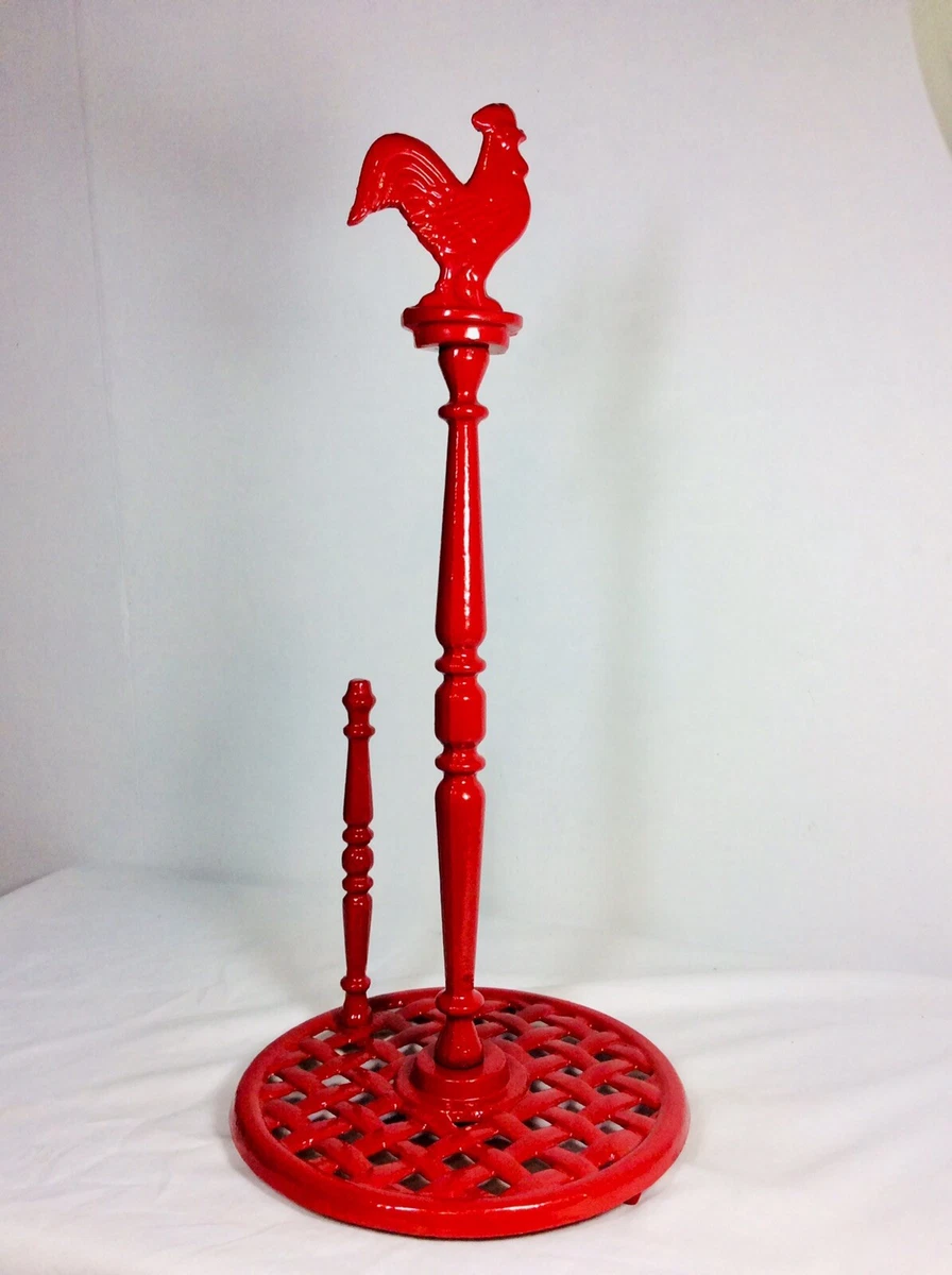 Bright Red Cast Iron Rooster Paper Towel Holder With Lattice Look