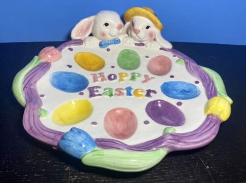 Vintage Figi Hoppy Easter Egg Plate Platter 10.5” 3D Bunnies Flowers *READ* - Afbeelding 1 van 11