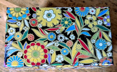 Vtg Metallic Gold Tin Recipe Box Mod Hippie Multi Floral J Chein & Co USA 60 70s - Picture 9 of 11