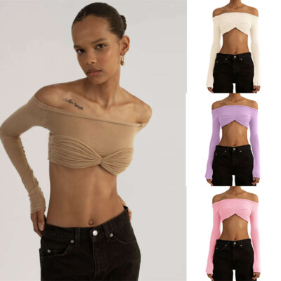 Sexy Top Off Neck Fashion See Through Women's Clothes Short Top Long Sleeve  | eBay