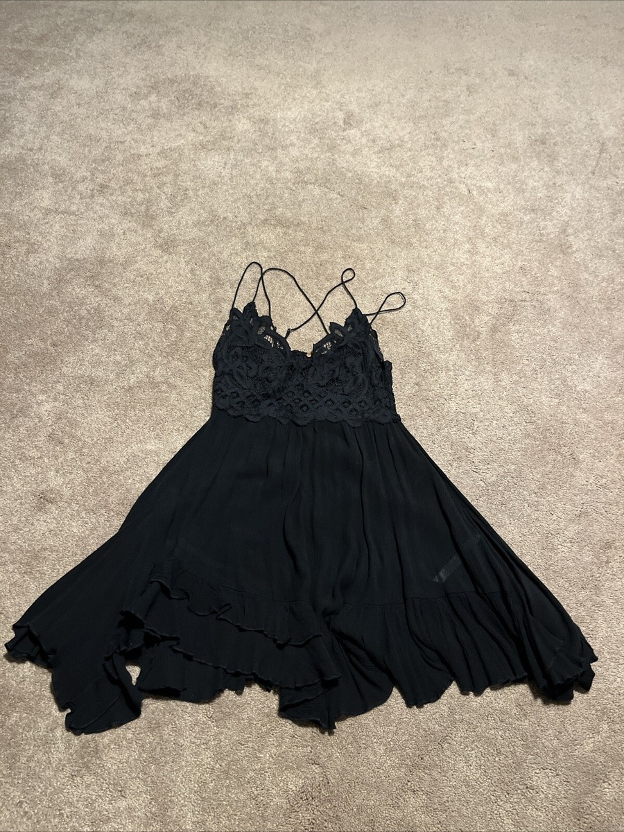 Free People One Black Slip Mini Dress Lace Top Strappy Back Medium  Sleeveless
