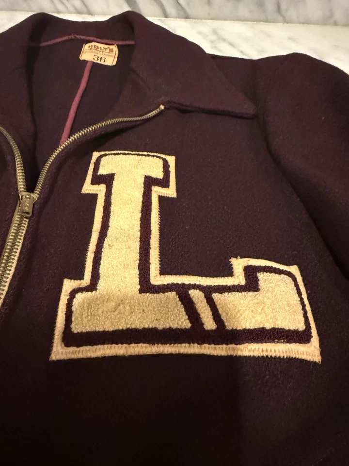 Vintage 1950s Wool Varsity Jacket Holt’s Sporting Size Maroon Chenille Letter L - Image 4 of 4
