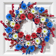 24" Patriotic Wreath for Front Door 4Th of July Wreaths with Red White Blue Hand