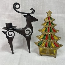 Two Christmas Candleholders Votive StainedGlass Tree Metal Taper Reindeer READ