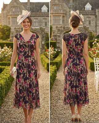 Neu Jacques Vert Kleid 18 Lila Rosa Beige Seidenmix Blumen Brautmutter