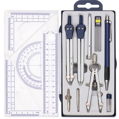 13 PCS Geometry Set Math Compass And Protractors Metal Drawing Tools Case