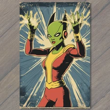 Art Print Retro Alien Superhero Green Woman Electric Powers Comic Style Pop Blas