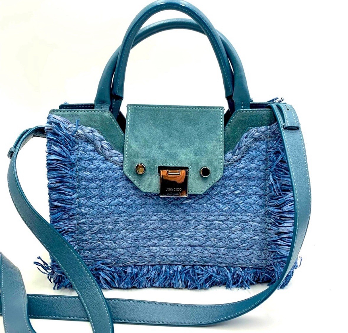 Auth Jimmy Choo Blue Dusk Raffia Suede Rebel 2way Top Handle