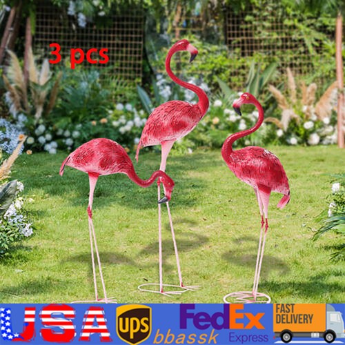 3 Pack Flamingo Garden Statue Pink Sculpture Decor Yard Art Metal Statues New