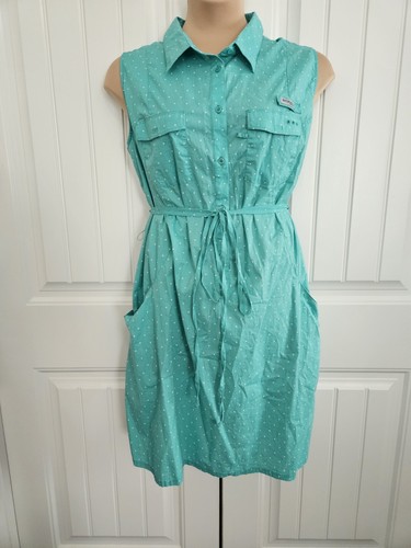 Columbia Performance Fishing Gear PFG Belted Teal Polka Dot Shirt Dress Size 3X