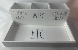 Rae Dunn Bathroom Caddy Wood 4 Section Organizer Cotton Swabs Balls Etc Vanity