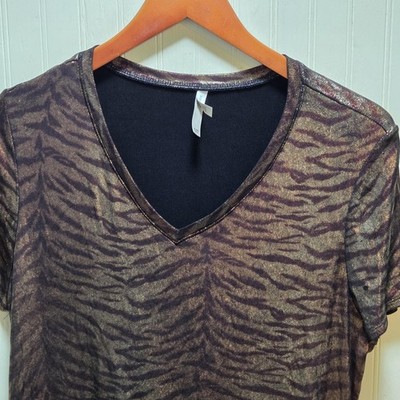 White Stag Shirt Womens XL 16/18 Brown Animal Print Sheer V Neck Glitter Top