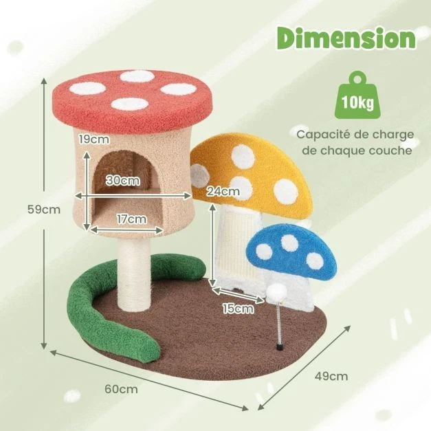 Arbre À Chat Ludique En Forme Champignon Avec Poteau Sisal Et Design Multicolore - Photo 2/4