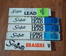 Vintage Scripto 3 Long Black Lead Boxes 430HB 1 Thin Lead 840HB and Erasers