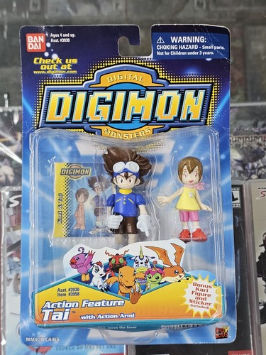 Digimon Digital Monsters Action Figure Tai and Kari and Sticker 2001 Vintage NEW