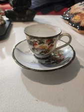 Vintage Occupied Japan Hand Painted Tea Cup & Saucer | Cottage Scene Gold Trim