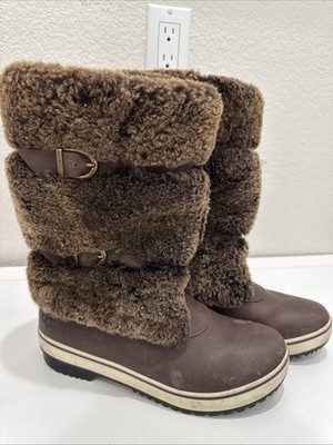 UGG Australia Womens 7 Brown Leather Sheepskin Fur Tall Winter Boots Buckle