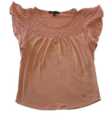 Adrienne Vittadini Pink Lace Flutter Sleeve Round Neck T-Shirt Size L