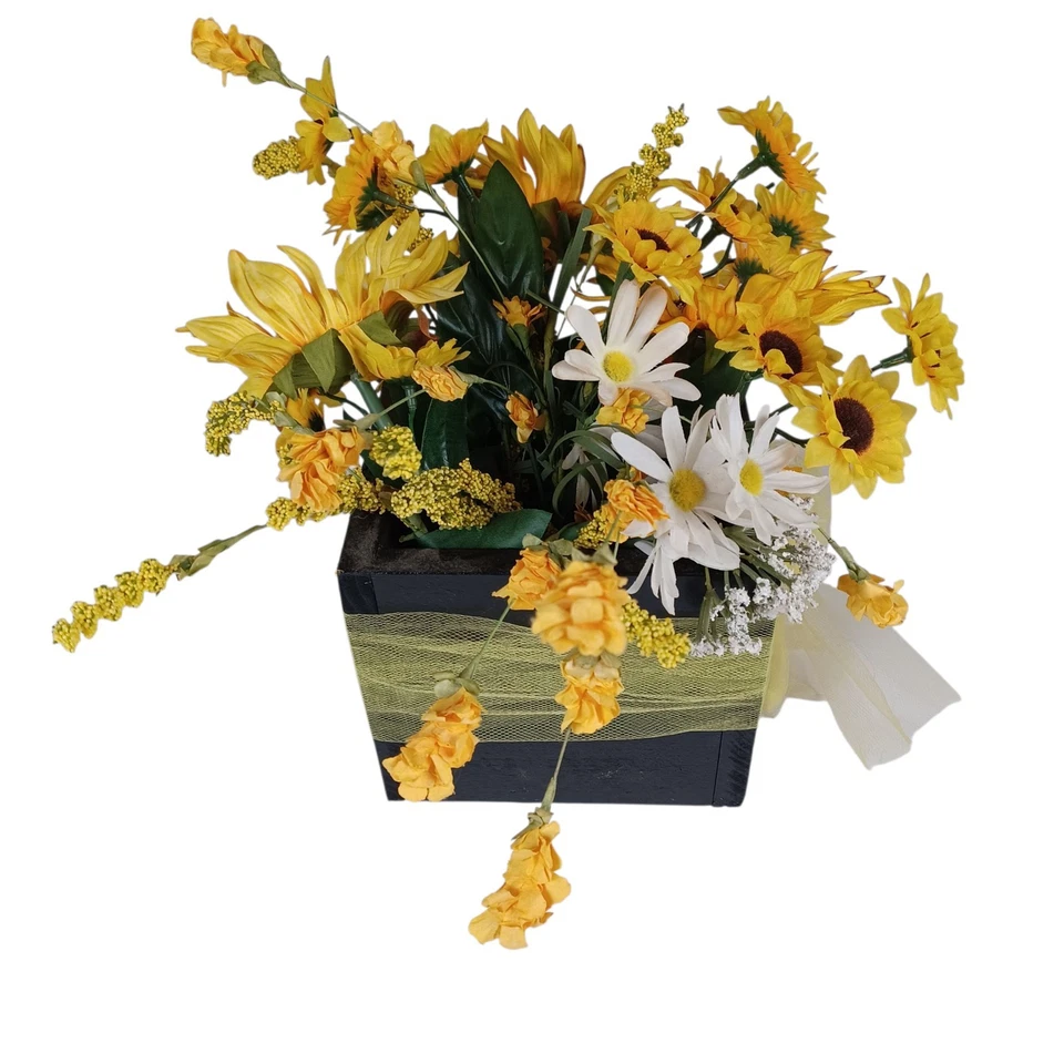 Rustic Sunflower Artificial Flower Arrangement in Wooden Box Farmhouse Décor - Image 4 of 4