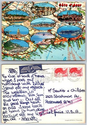 Vintage Côte d'Azur French Riviera Multi-View Map Postcard 1983