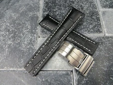 24mm Leather Strap Black Watch Band Deployment Buckle Set for BREITLING WH BR