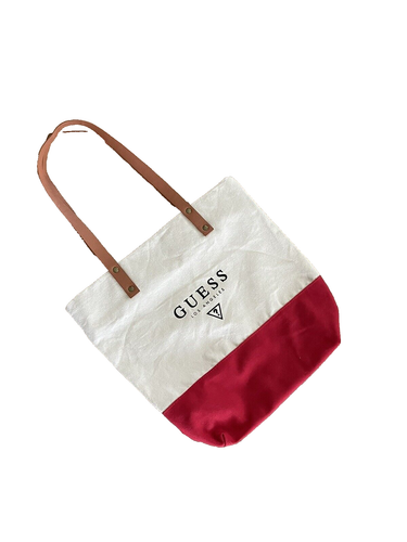 Vtg Guess Los Angeles Beige Red Canvas Tote Zip Close