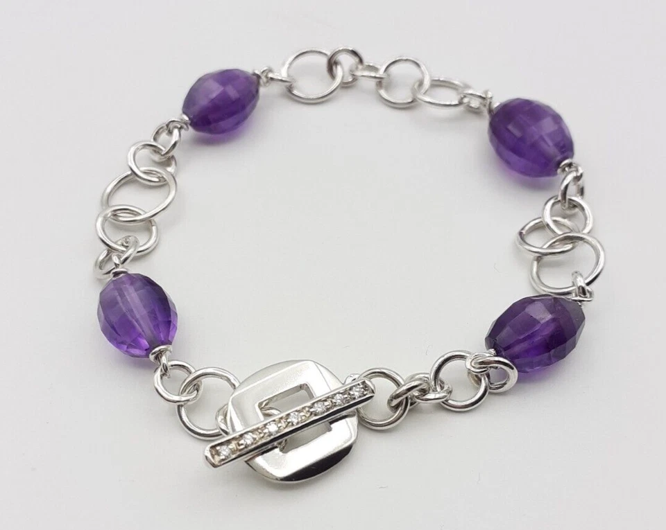Bracciale Ametista argento 925 diamanti gioiello donna catena chiusura a T - Immagine 2 di 4