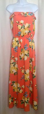 TINI LILI Size Small Orange Yellow Floral Strapless Ruffled Rayon MAXI Sun DRESS