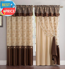 Fancy Collection Embroidery Curtain Set Drapes with Backing Valance Brown, 55