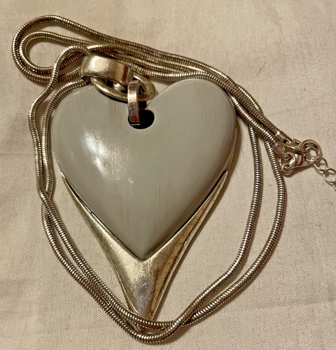 Large Heart Pendant Long Necklace Silver Tone Grey - Picture 2 of 5