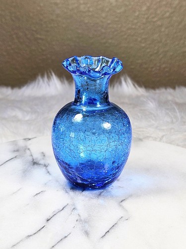 Vintage Blenko? Handblown Blue Crackle Glass Pitcher Small 4.5 in Ruffled Top - Picture 4 of 7