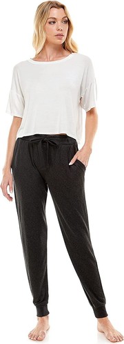 Women’s Roudelain Super-Soft Drawstring Jogger Pockets Cuffed Ankle Black Large