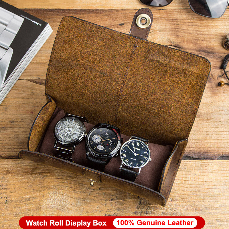 Genuine Leather Watch Roll Display Box Travel Case Wrist