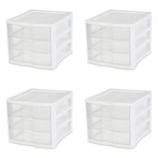 Sterilite 17918004 3 Drawer Unit, White Frame with Clear Drawers, 4-Pack