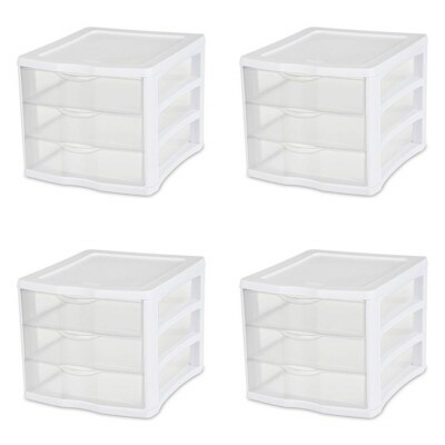 Sterilite 17918004 3 Drawer Unit, White Frame with Clear Drawers, 4-Pack