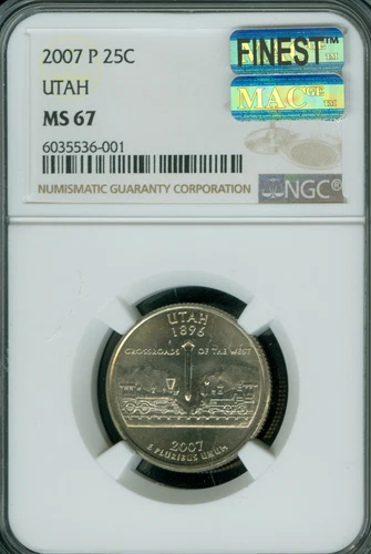 2007 P UTAH QUARTER NGC MS67 PQ FINEST BUSINESS STRIKE MAC SPOTLESS POP 10 .