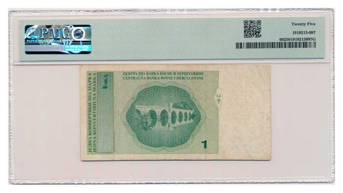 BOSNIA-HERZEGOVINA banknote 1 Convertible Marka 1998 Ivo Andric PMG VF 25 RARE ! - Picture 2 of 7