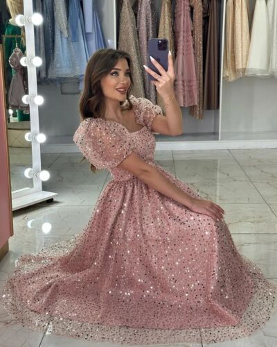 Pink Prom Dresses Short Sleeves Sequin Backless Wedding Celebrity Evening Gowns