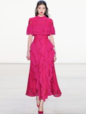 Summer Round Neck Short Sleeved Hollowed Mesh Large Swing Princess Party Dress